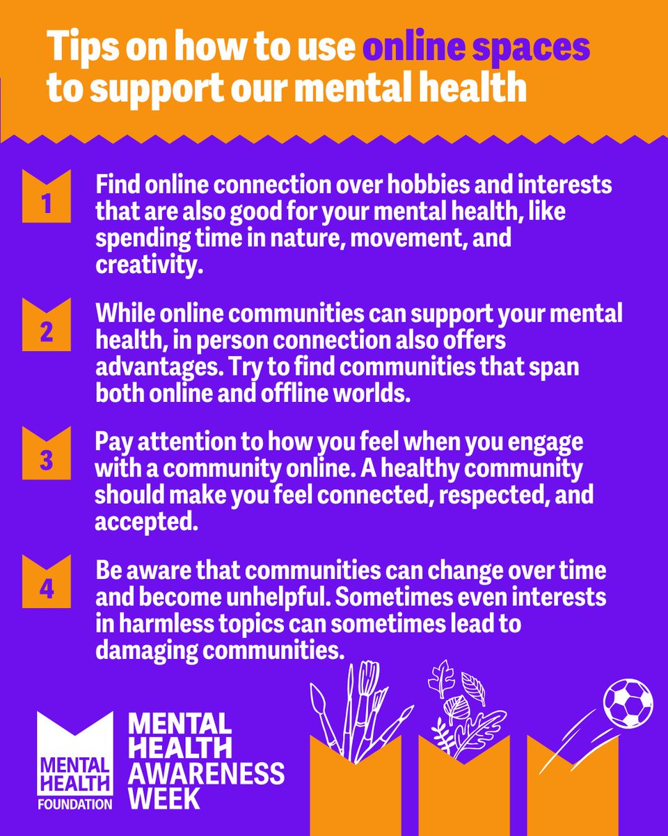 Positive online communities can boost our mental health by offering connection, belonging, and purpose. But not all spaces are safe — and knowing how to navigate them matters.

Read more of our tips: bit.ly/4jMdaNI

#MentalHealthAwarenessWeek #ThisIsMyCommunity