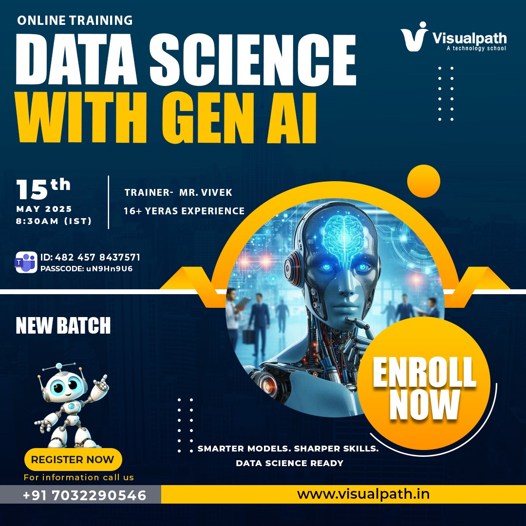 VisualpathPro's tweet image. Teams link: bit.ly/4iYw9Un
Meeting ID: 430 566 578 925
Passcode: qr2yA9YG
Attend Online #NewBatch On #DataSciencewithGenerativeAI
Batch on: 15th May 2025 @ 8:30 AM (IST).
Call us: +91 7032290546
WhatsApp: wa.me/c/917032290546
Visit: visualpath.in/online-data-sc…
#AI