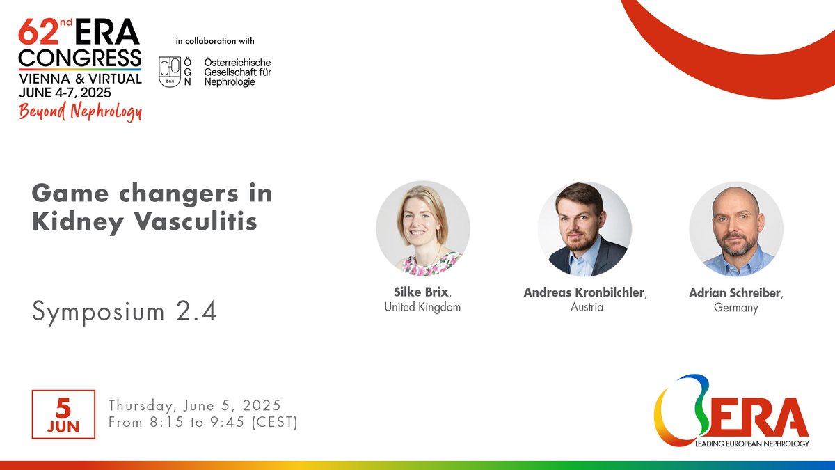 📣 Save the date! Symposium 2.4 at #ERA25 will focus on "Game changers in Kidney Vasculitis", join our speakers on
📅June 5, 8:15 - 9:45 (CEST)
Discover our Scientific Programme 👉 bit.ly/41UFxSo