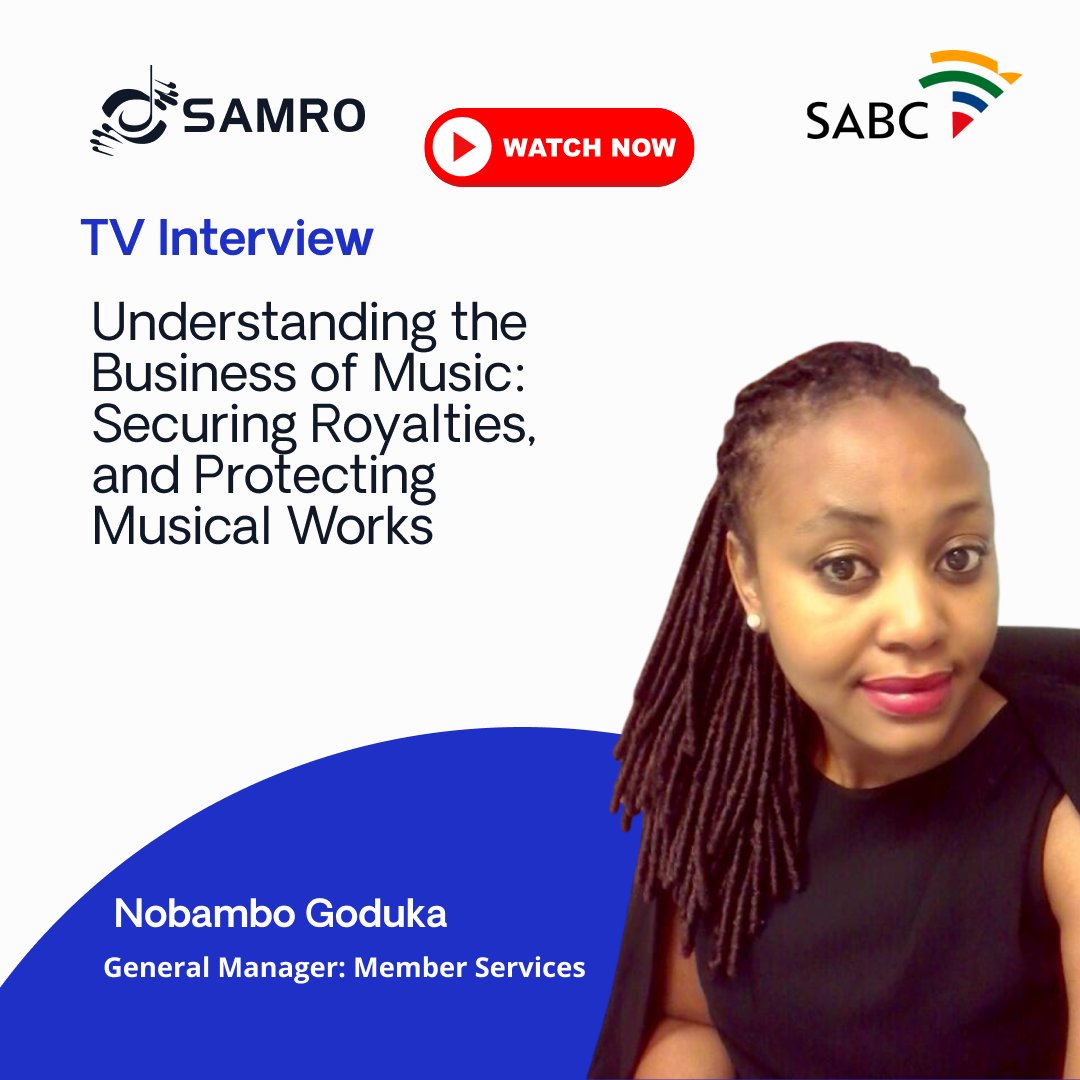 #WATCH:

SAMRO's General Manager of Member Services, Nobambo Goduka, discusses the importance of understanding the Business of Music: Securing Royalties, and Protecting Musical Works on SABC 1's Expressions on 12 May 2025 at 16:00.

If you missed this insightful interview, please