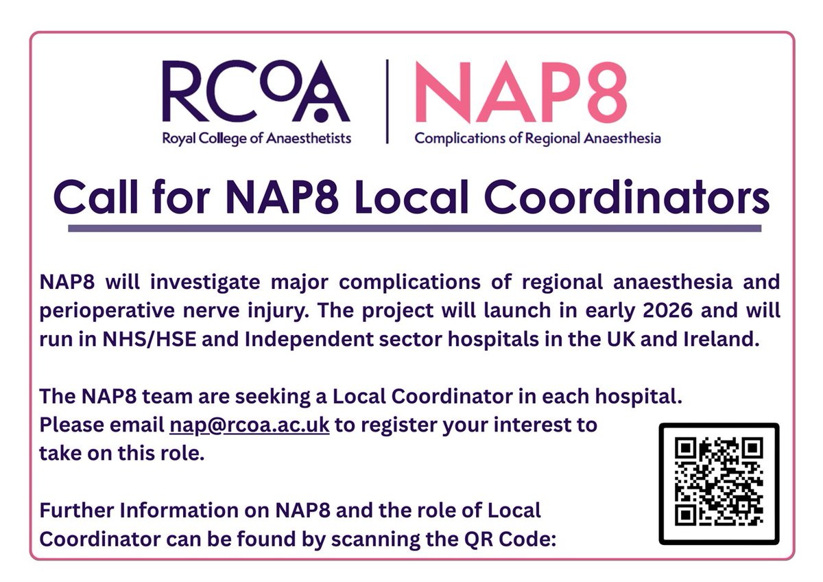 RCoA Centre for Research & Improvement (@rcoa_cri) on Twitter photo #NAP8 are recruiting Local Coordinators at each hospital in the UK and Ireland. Visit rcoa.ac.uk/research/resea… for information on the role and to register your interest! <a href="/RCoANews/">Royal College of Anaesthetists</a> <a href="/RegionalAnaesUK/">RA-UK</a> <a href="/ajrmacfarlane/">Alan Macfarlane</a> #NAP8 are recruiting Local Coordinators at each hospital in the UK and Ireland. Visit rcoa.ac.uk/research/resea… for information on the role and to register your interest! <a href="/RCoANews/">Royal College of Anaesthetists</a> <a href="/RegionalAnaesUK/">RA-UK</a> <a href="/ajrmacfarlane/">Alan Macfarlane</a>