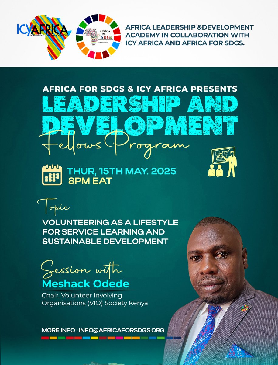 Don't miss this insightful session on "Volunteering as a Lifestyle for Service Learning and Sustainable Development" presented by Africa for SDGs &amp; ICY Africa. Featuring Meshack Odede, Chair of VIO Society Kenya. Learn how volunteering can drive sustainable development!