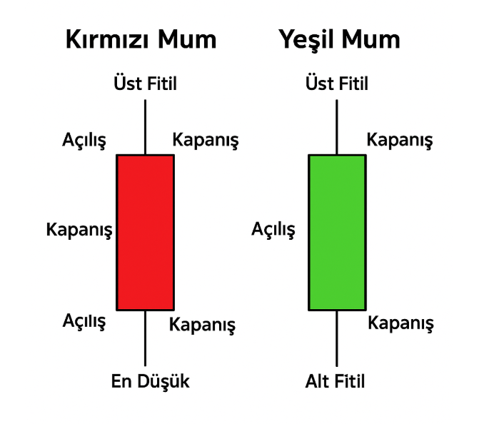 Mum (Candlestick) Nedir ?

Mumlar, belirli bir zaman aralığında (örneğin 15 dk, 1 saat, 1 gün) fiyatın açılış, kapanış, en yüksek ve en düşük seviyelerini gösteren grafik yapı taşlarıdır.

🕯️ MUMUN TEMEL YAPISI:
Bir mum şu 4 bilgiyi içerir:

Açılış fiyatı

Kapanış fiyatı

En