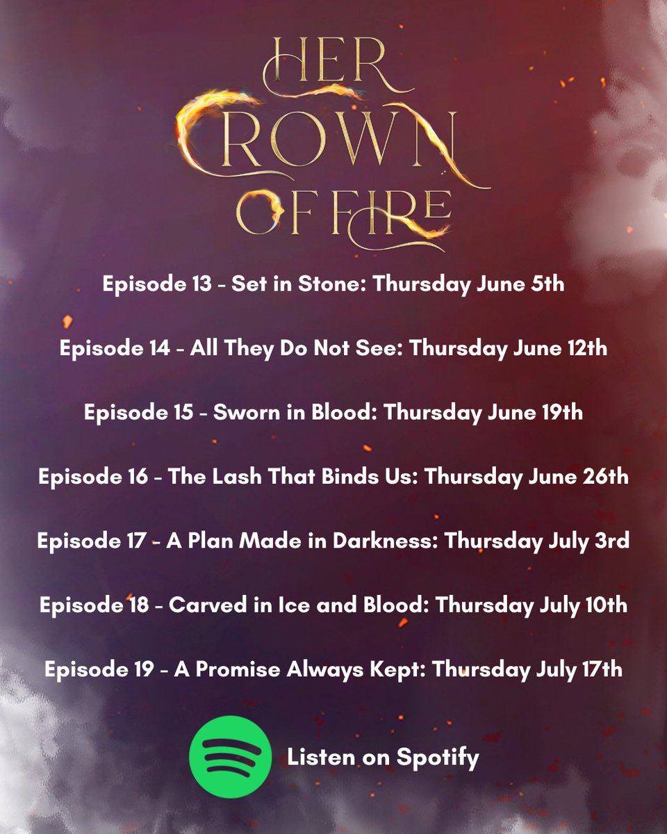 SkyNationPub's tweet image. It's happening! Her Crown of Fire resumes its weekly episode releases from June 5th!
We're so excited for everyone to hear the incredible conclusion of this adventure, and the brilliant voice actors who brought this world to life!
Search "Her Crown of Fire" on Spotify!