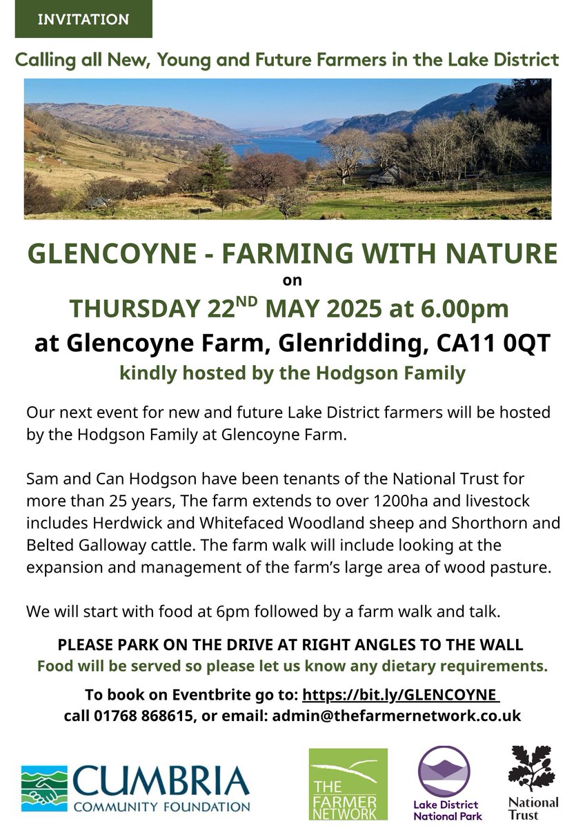 LakesFarming (@farminglakes) on Twitter photo Our next New Entrants event:
GLENCOYNE - FARMING WITH NATURE
Thursday 22nd May 2025 at 6.00pm
at Glencoyne Farm, near Glenridding, CA11 0QT kindly hosted by the Hodgson Family
Book here: bit.ly/GLENCOYNE, or call 01768 868615, or email: admin@thefarmernetwork.co.uk. Our next New Entrants event:
GLENCOYNE - FARMING WITH NATURE
Thursday 22nd May 2025 at 6.00pm
at Glencoyne Farm, near Glenridding, CA11 0QT kindly hosted by the Hodgson Family
Book here: bit.ly/GLENCOYNE, or call 01768 868615, or email: admin@thefarmernetwork.co.uk.