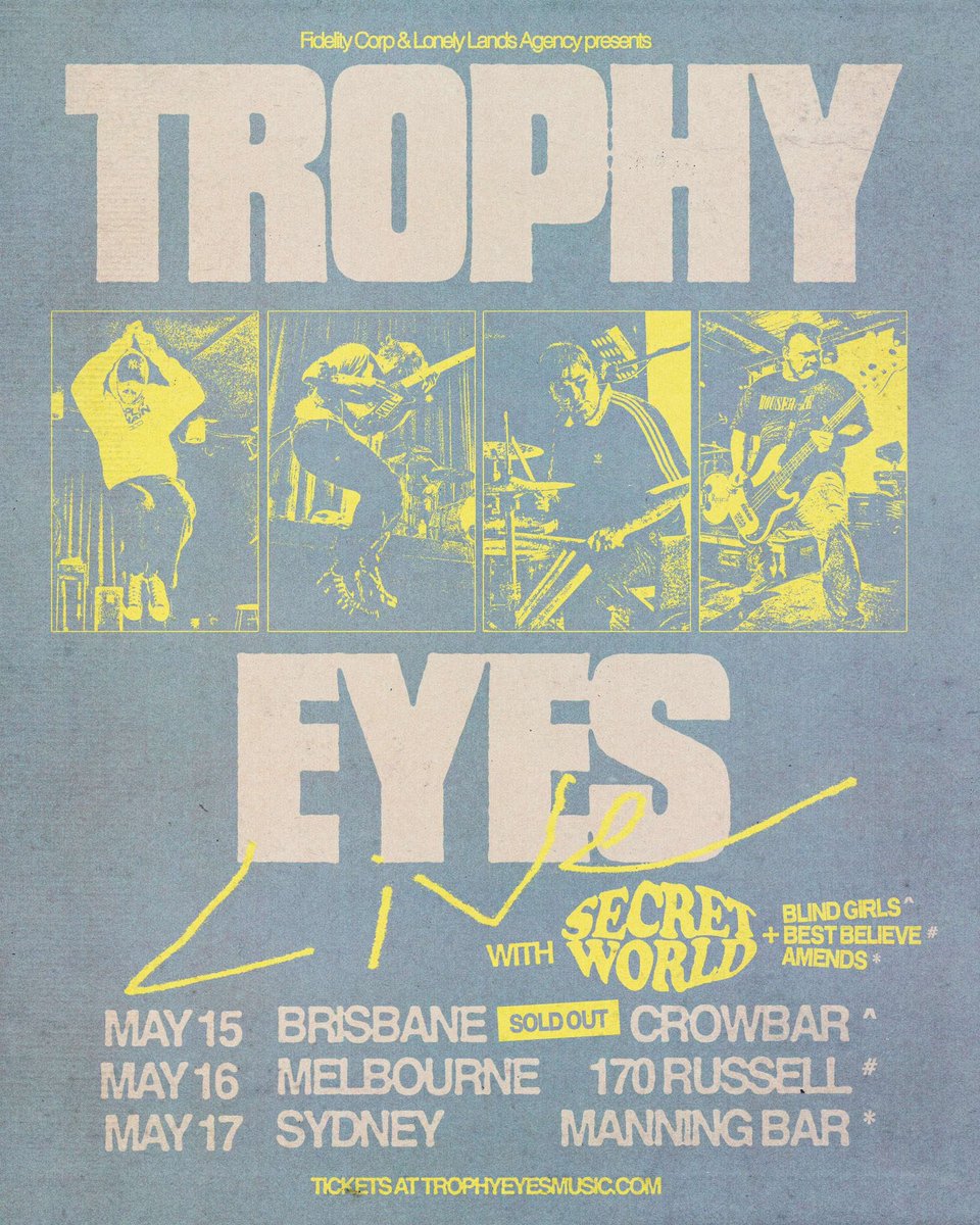 Secret World (@secretworldwrld) on Twitter photo Tour with <a href="/trophyeyesmusic/">Trophy Eyes</a> starts tomorrow night. Brisbane sold out, last remaining tickets going for Melbourne and Sydney. Tour with <a href="/trophyeyesmusic/">Trophy Eyes</a> starts tomorrow night. Brisbane sold out, last remaining tickets going for Melbourne and Sydney.