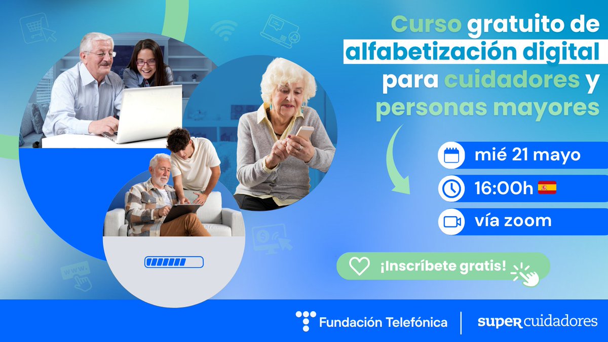 🗓️ Miércoles 21 de mayo | 16:00h (España)
📱 Curso gratuito online de alfabetización digital para cuidadores y mayores con @FundacionTef y #SUPERCUIDADORES
🔗 Inscríbete: us06web.zoom.us/webinar/regist…

#CuidadoresDigitales #FormaciónGratuita