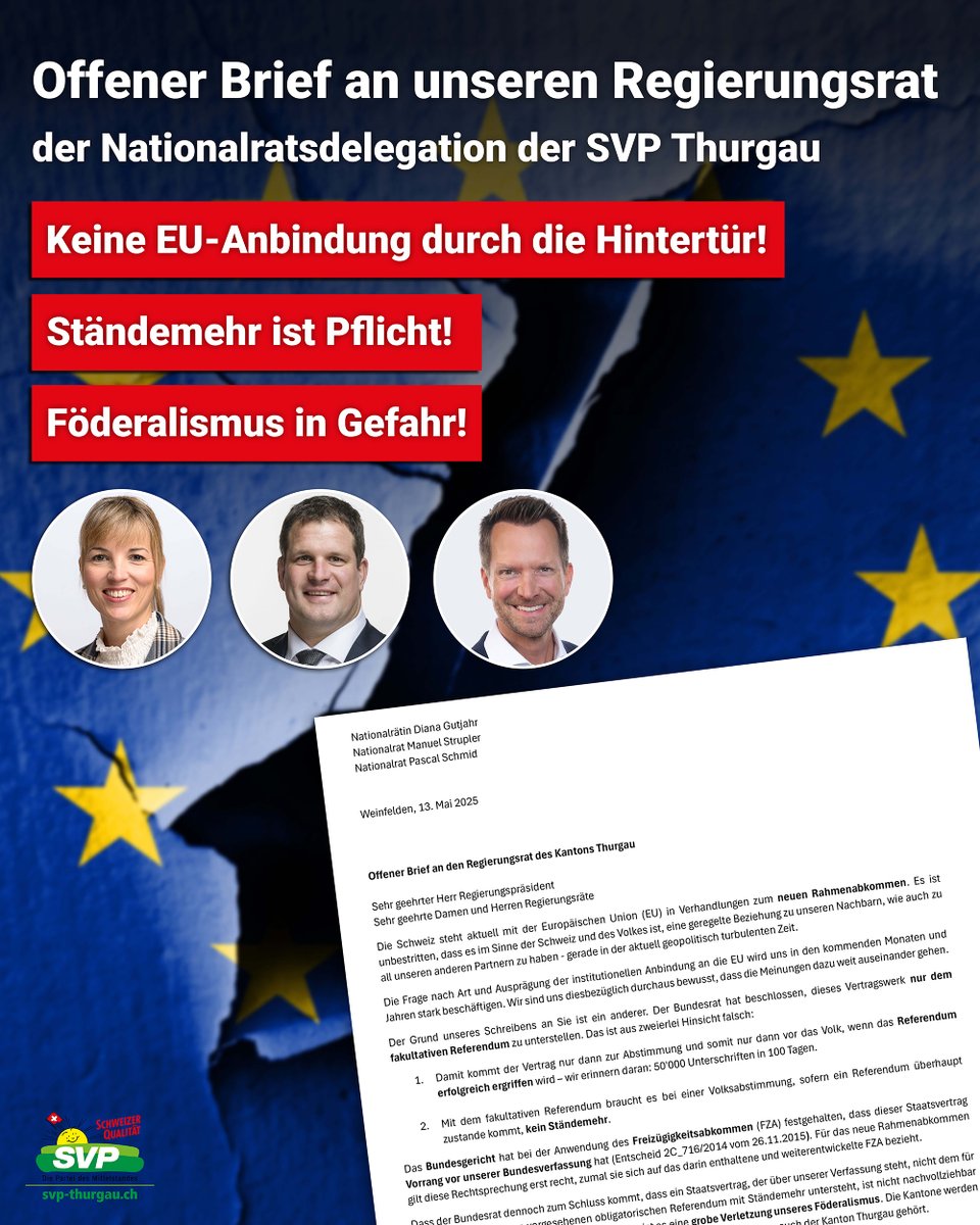 In einem offenen Brief fordern die Thurgauer SVP-Nationalräte die Regierung des Kantons Thurgau auf, sich beim Bundesrat für ein obligatorisches Referendum mit Ständemehr zum geplanten Rahmenabkommen mit der EU einzusetzen.
👉🏻 svp-thurgau.ch/medienmitteilu…