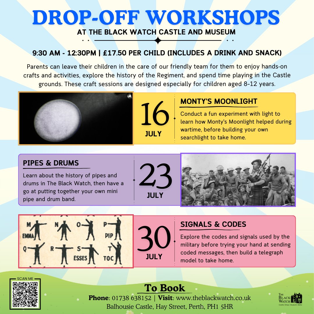 Drop the kids off at The Castle for 3 hours of hands-on fun, creativity, and discovery! Designed for children aged 8–12 to enjoy themed crafts &amp; activities inspired by The Black Watch, outdoor fun &amp; a snack and drink.

👉bit.ly/3SujLAq

#KidsWorkshops #TheBlackWatch