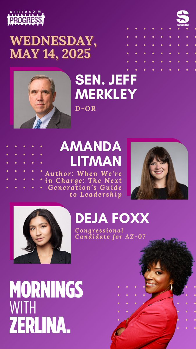 ZerlinaMornings.bsky.social (@zerlinamornings) on Twitter photo Hello Wednesday! Joining Zerlina: U.S. Senator from Oregon <a href="/SenJeffMerkley/">Senator Jeff Merkley</a>, <a href="/runforsomething/">Run for Something</a> Co-Founder & author of the new book When We're in Charge <a href="/amandalitman/">Amanda Litman</a> + Congressional candidate for AZ-07 <a href="/Deja_Foxx/">Deja Foxx</a>!
βοΈ 866-997-4748
π» <a href="/SiriusXMProg/">SiriusXMProg.bsky.social</a> Ch. 127
siriusxm.us/Zerlina Hello Wednesday! Joining Zerlina: U.S. Senator from Oregon <a href="/SenJeffMerkley/">Senator Jeff Merkley</a>, <a href="/runforsomething/">Run for Something</a> Co-Founder & author of the new book When We're in Charge <a href="/amandalitman/">Amanda Litman</a> + Congressional candidate for AZ-07 <a href="/Deja_Foxx/">Deja Foxx</a>!
βοΈ 866-997-4748
π» <a href="/SiriusXMProg/">SiriusXMProg.bsky.social</a> Ch. 127
siriusxm.us/Zerlina