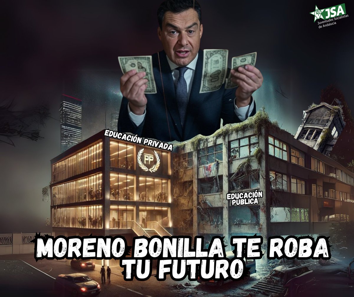 👉Moreno Bonilla te roba tu futuro: cierra FP pública, desmantela la Universidad Pública,
devuelve fondos y priva&lt;za tu educación.
Mientras el se ríe, tú pagas. ¡Ya basta de atracos!
#NosRobanElFuturo #EstudiaSiPuedesPagarlo #BonillaRecortaTúPagas
#MorenoBonillaterobatufutur