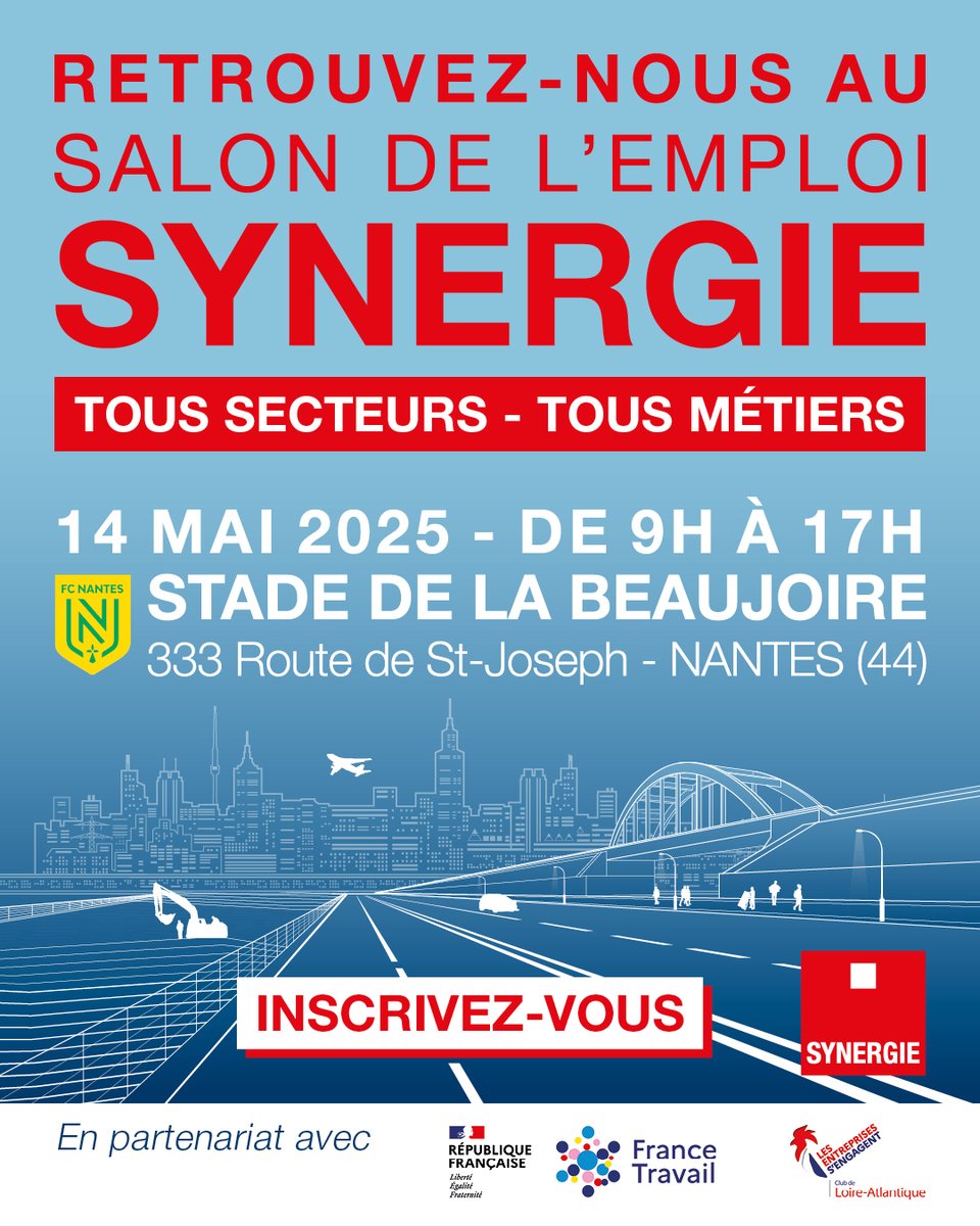 Aujourd'hui présent au Salon de l’Emploi <a href="/Synergie/">Synergie</a>  
📅 Date : 14 mai 2025
🕐 Horaires : de 9h à 17h
📍 Lieu : Stade de la Beaujoire – <a href="/FCNantes/">FC Nantes</a> 
📢 Inscrivez vous ici : rebrand.ly/Inscription_Sy…
#SalonDeLEmploi #Recrutement #Synergie #EmploiNantes