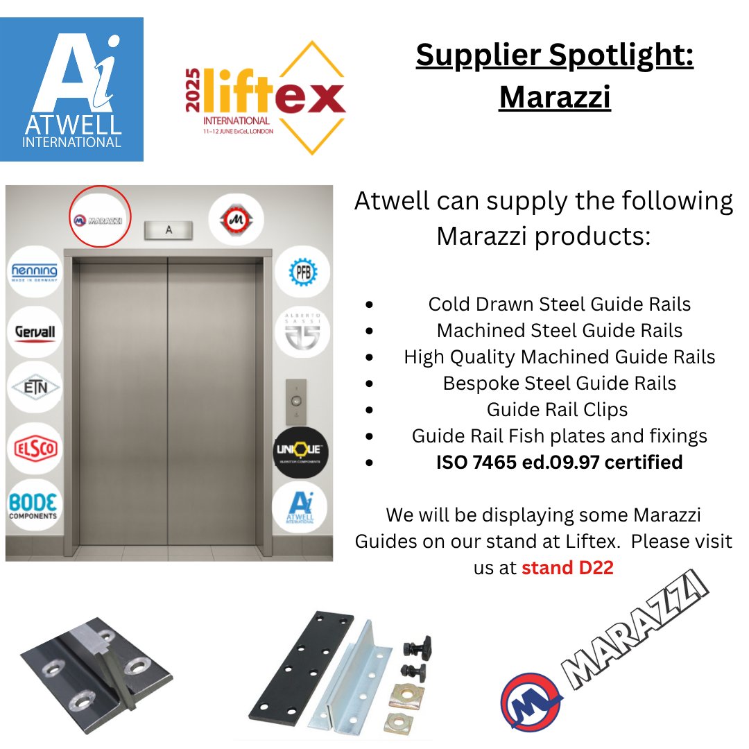 SUPPLIER SPOTLIGHT: Marazzi.  Visit us at Liftex2025, Stand D22, where you'll get the opportunity to view some Marazzi Guides.

#AtwellInternational #Marazzi #liftex2025