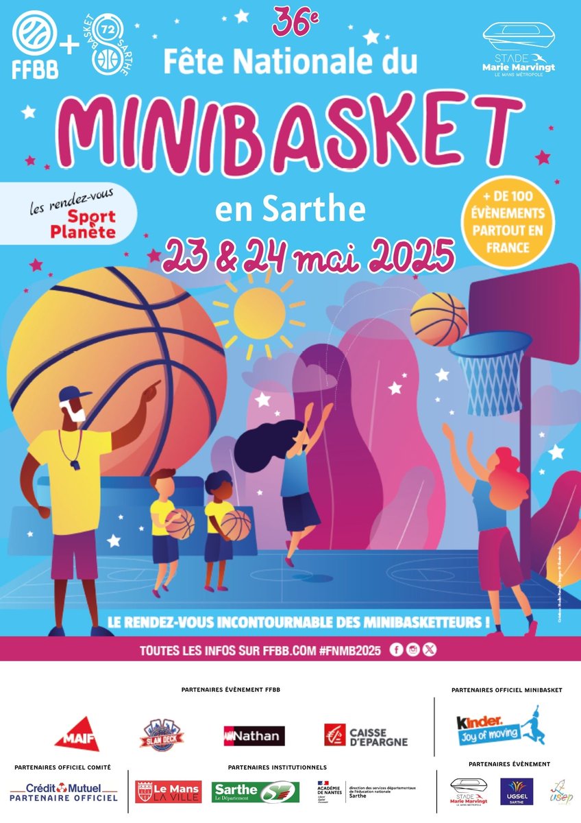 Stade Marie-Marvingt (@smmarvingt_off) on Twitter photo La Fête du basket 𝐌𝐢𝐧𝐢𝐛𝐚𝐬𝐤𝐞𝐭 𝐌𝐚𝐱𝐢 𝐅𝐞̂𝐭𝐞 revient au Stade Marie-Marvingt les 23 et 24 mai !🏀
✅ 36ème édition
✅4.000 visiteurs attendus
✅25 terrains tracés sur les parvis
✅Samedi ouvert au public avec #animations, #jeux et #tournois
<a href="/ffbasketball/">Fédération Française de BasketBall</a> La Fête du basket 𝐌𝐢𝐧𝐢𝐛𝐚𝐬𝐤𝐞𝐭 𝐌𝐚𝐱𝐢 𝐅𝐞̂𝐭𝐞 revient au Stade Marie-Marvingt les 23 et 24 mai !🏀
✅ 36ème édition
✅4.000 visiteurs attendus
✅25 terrains tracés sur les parvis
✅Samedi ouvert au public avec #animations, #jeux et #tournois
<a href="/ffbasketball/">Fédération Française de BasketBall</a>