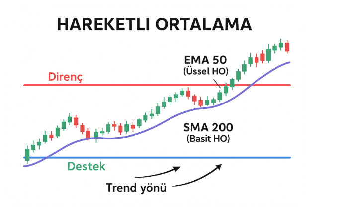 Hareketli Ortalama (HO)  Nedir ?

Hareketli ortalama, belirli bir zaman diliminde fiyatların ortalamasını gösteren yumuşatılmış bir çizgidir. Fiyatın genel yönünü (trendini) belirlemeye yardım eder.

📌 Temel Özellikleri:
Trend yönünü gösterir (yukarı eğimli → yükseliş, aşağı