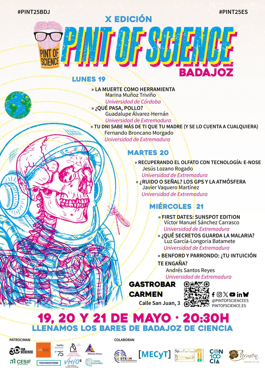 🔙 Vuelve Pint of Science a Badajoz

🚀🌟¡Éstas serán las ponencias que nos inspirarán en #Pint25BDJ!

📆 Nos vemos el 19, 20 y 21 de Mayo en los bares

📢 El gran evento de divulgación científica @pintofsciencees ya tiene sus programa en Badajoz

Ya está aquí #Pint25ES 😍
