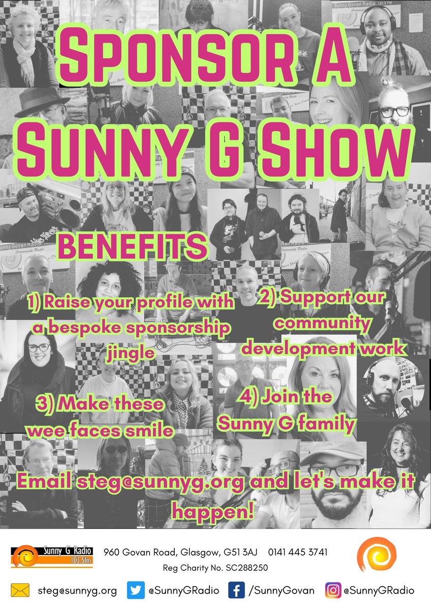 Sunny G Radio (@sunnygradio) on Twitter photo Sponsor A Sunny G Show!
Benefits
1) Raise your profile with a bespoke jingle 🎶
2) Support our community development work 🫂
3) Make these wee faces smile 😁
4) Join the Sunny G family 👩👩👦👦
Downside
NOTHING 🤷
Go on! Email steg@sunnyg.org and let's make it happen. Sponsor A Sunny G Show!
Benefits
1) Raise your profile with a bespoke jingle 🎶
2) Support our community development work 🫂
3) Make these wee faces smile 😁
4) Join the Sunny G family 👩👩👦👦
Downside
NOTHING 🤷
Go on! Email steg@sunnyg.org and let's make it happen.
