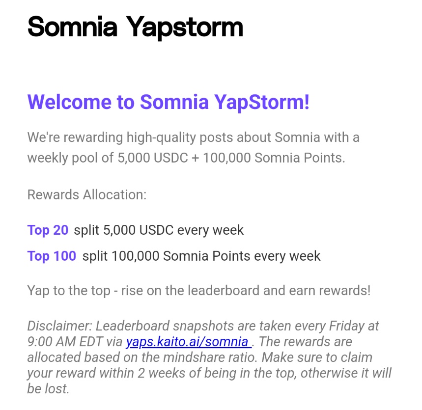 JeremiahXplore's tweet image. No gatekeeping  Somnia just launched YapStorm 💥

📢 Post high-quality content about @Somnia_Network
🏆 Top 20 split $5,000 USDC weekly
💎 Top 100 earn 100,000 $Somnia Points
📅 Weekly snapshots via @Kaito_AI

Link: quest.somnia.network/campaigns/12

Let's yap and rise 🌪️ #SomniaYapStorm