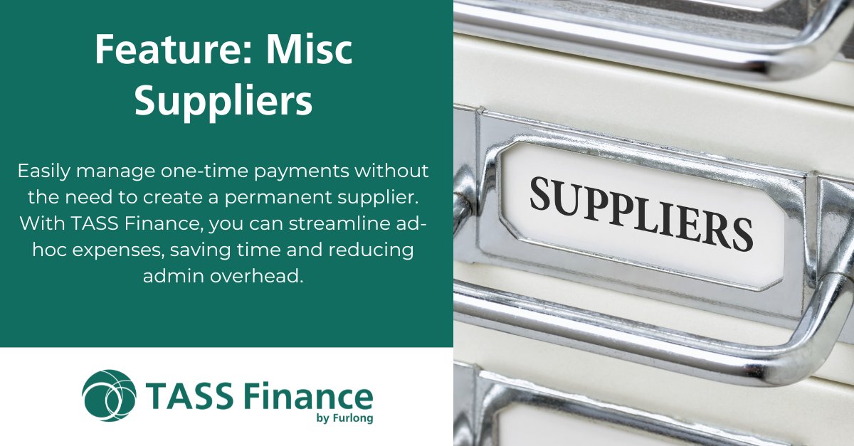 Do you find it frustrating creating permanent suppliers for one-time payments? With #TASSFinance, you can now simply add a single suppliers without creating a permanent supplier profile. Simplify your operations today ➡️hubs.li/Q03lRSXL0

#EdTech #TASS #SchoolEfficiency