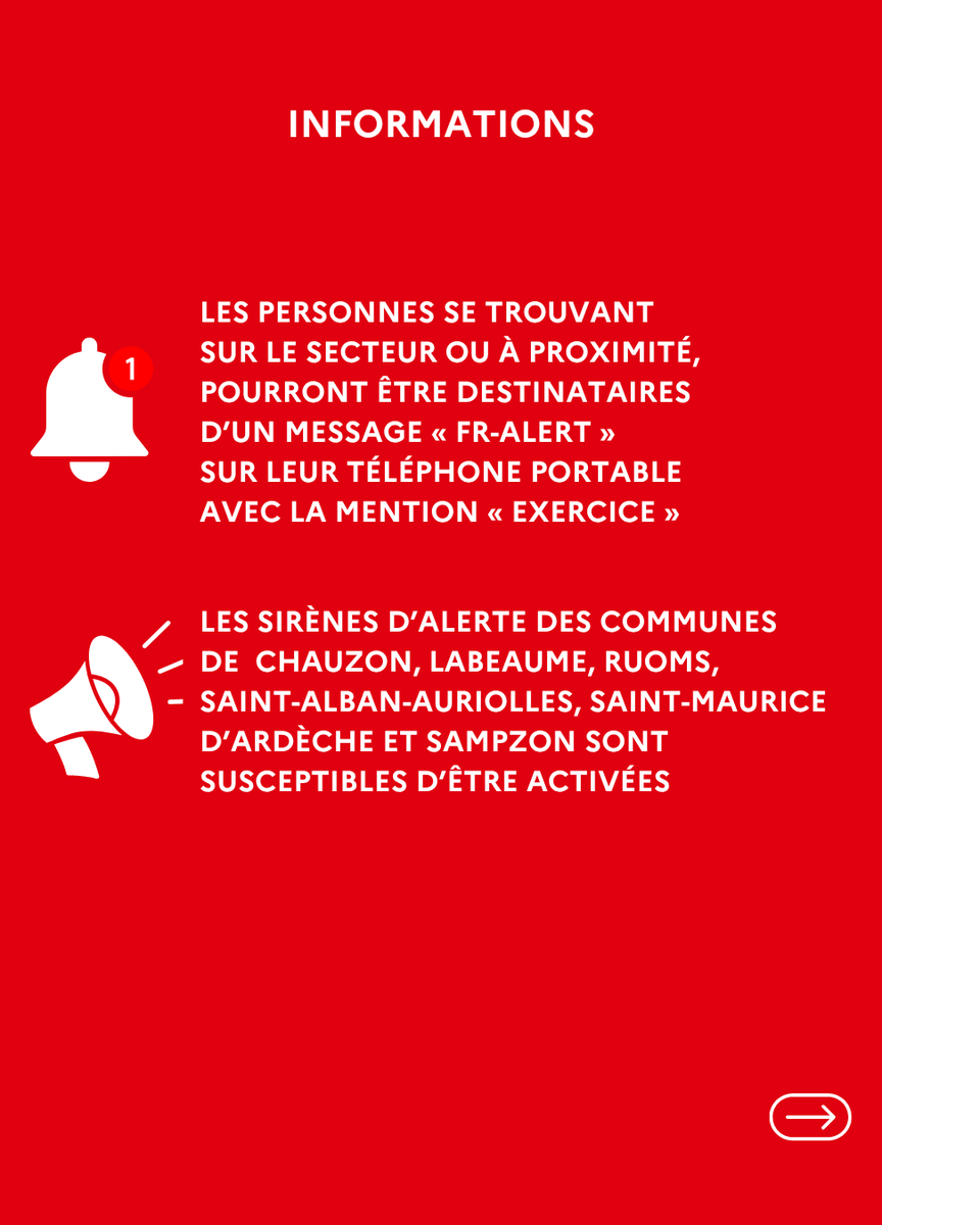 Prefet07's tweet photo. #Exercice 🚨 | Demain, jeudi 15 mai, la préfecture de l’Ardèche organise un exercice de sécurité civile dans le secteur de la Communauté de communes Gorges de l'Ardèche.

Organisé en partenariat avec la sécurité civile, la protection civile, les sapeurs pompiers, avec les communes concernées, et en partenariat avec la Fédération de l'Hôtellerie de plein Air (FRHPA), cet exercice a pour objectif de tester le dispositif ORSEC - Organisation de la Réponse de Sécurité Civile - dans le cadre de crues et des ruissellements.

‼️Les dispositifs d’alerte et d’information des populations seront utilisés (FR-Alert et sirènes), entre 14h00 et 16h00 : 
Le dispositif FR-ALERT sera déclenché : les personnes se trouvant dans le secteur de la communauté de communes Gorges de l’Ardèche, pourront être destinataires d’un message sur leur téléphone portable avec la mention « EXERCICE ».

📢Les sirènes d’alerte des communes de Chauzon, Labeaume, Ruoms, Saint-Alban-Auriolles, Saint-Maurice d’Ardèche et Sampzon sont susceptibles d’être activées.

❌ Aucune action n’est attendue de la part des habitants !

#MieuxPréparés #MieuxProtégés