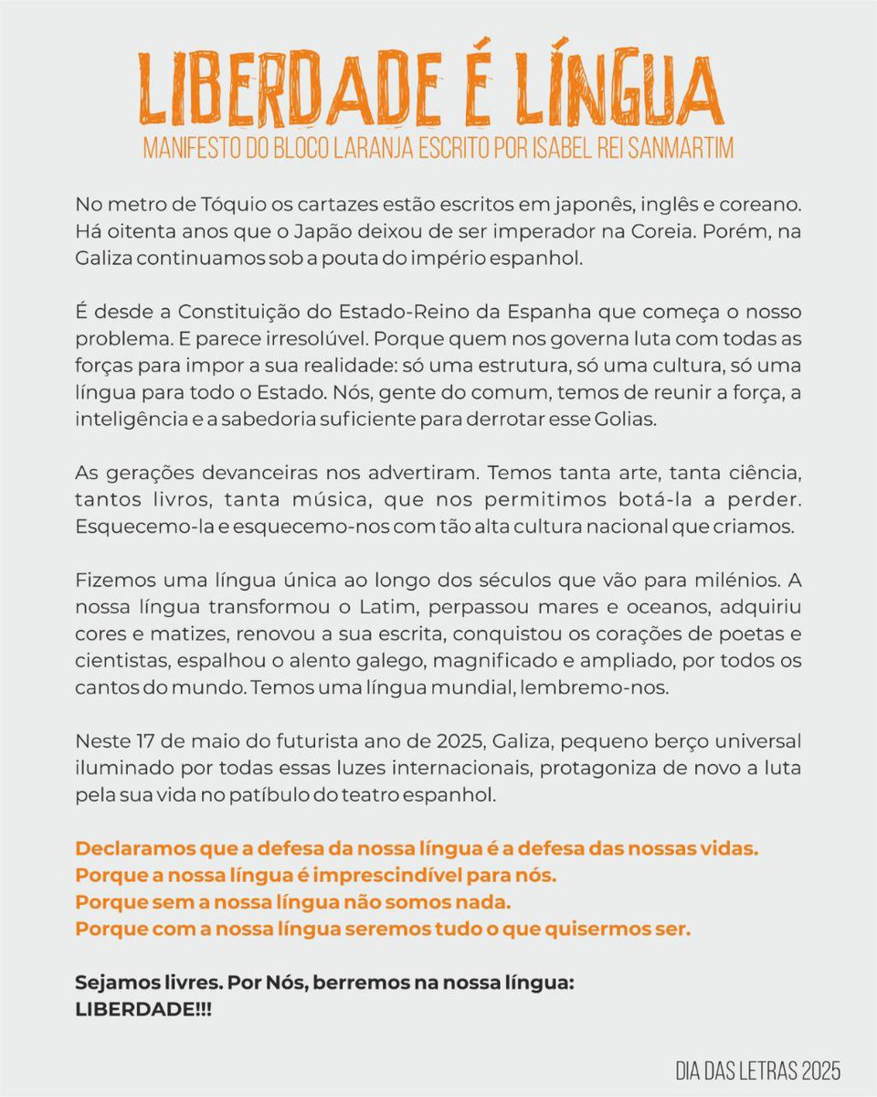Este 17 de maio voltamos a Compostela em defesa da língua.

Chamamos a participar no Bloco Laranja dentro da manifestaçom de <a href="/QueremosGalego/">Queremos Galego!</a>

Participa no bloco dos centros sociais e do reintegracionismo de base.

#línguavitaljá #blocolaranja #diadasletras #emgalego