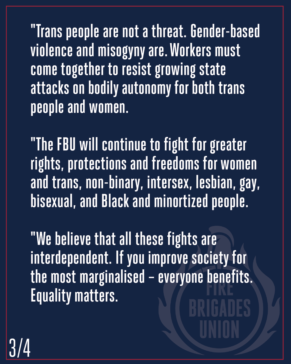 fbunational's tweet photo. We know that the law is not always on the right side of history. The Supreme Court ruling last month does not make public spaces safer for anyone.

The interim guidance is unworkable, unhelpful and will only lead to an increase in discrimination for workers, including in fire stations and in control rooms.

Trans people are not a threat. Gender-based violence and misogyny are.