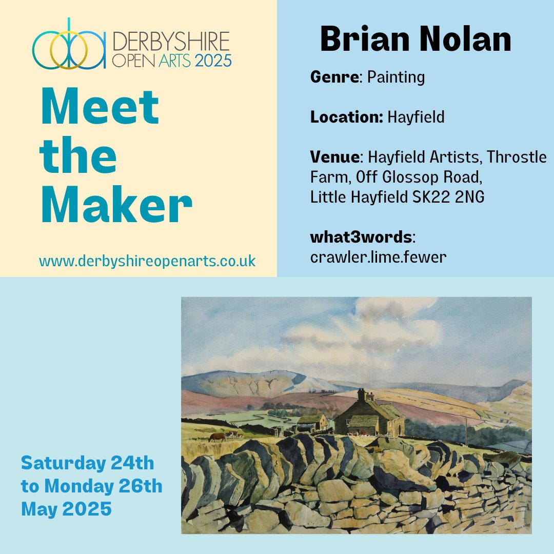Meet the Maker: Brian Nolan
“Brian Nolan (1931 – 2019) painted outdoors, treading familiar paths from his Hayfield home to capture the Dark Peak landscape, in its changing seasons, and the human lives within it.”
Find out more: derbyshireopenarts.co.uk