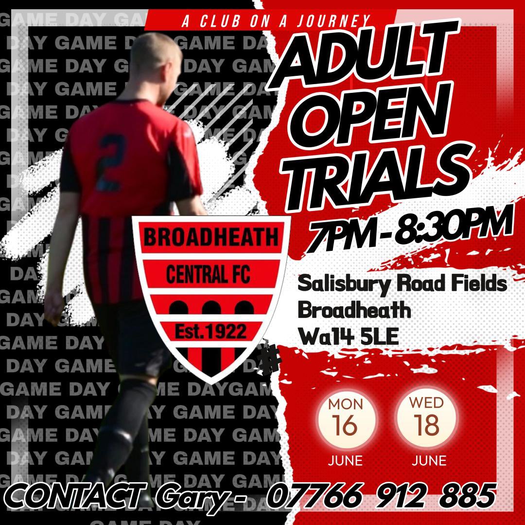 An invitation to attend trials at Broadheath Central FC 

Next seasons campaign is already in the planning and our Cheshire League teams are inviting players to join them in June, prior to the start pre-season training 

All enquiries to Gary