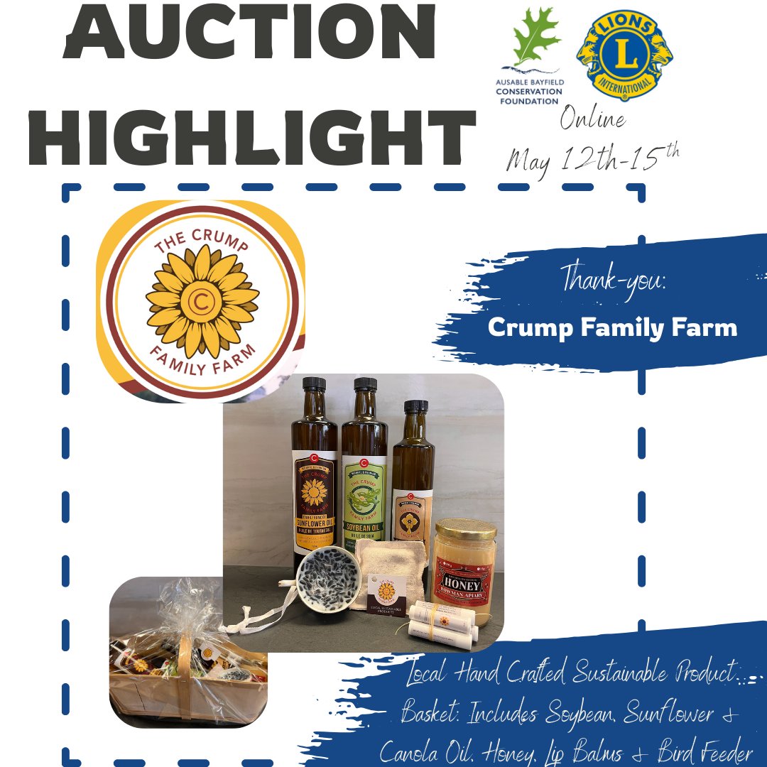 Bid on amazing auction items like this: a beautiful basket of sustainably-made products, locally made on Crump Family Farm, Poplar Hill. Products include Soybean, Sunflower and Canola Oils, Honey, Lip Balms, teacup Bird Feeder. Courtesy Crump Family Farm. zeffy.com/ticketing/35th…