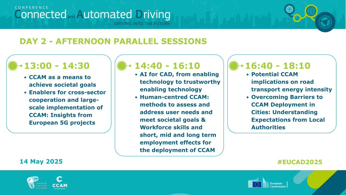 Afternoon sessions at #EUCAD2025 explore
- CCAM for societal goals &amp; EU 5G projects insights
- AI &amp; human-centred CCAM
- Energy use &amp; urban deployment barriers
- Ends with: large-scale demos in automated mobility

connectedautomateddriving.eu/eucad/eucad202…

#MobilityInnovation #AI #FutureTransport