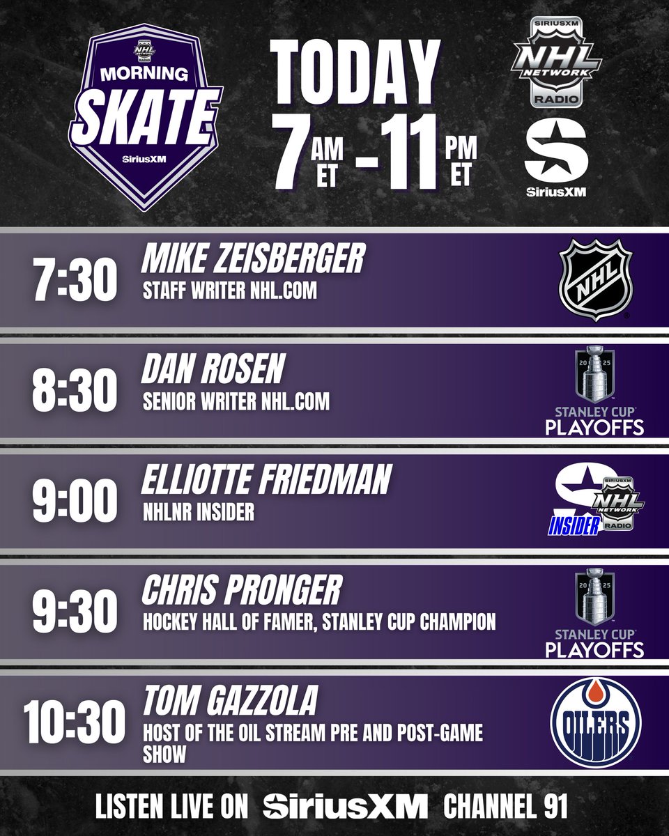 SiriusXM NHL Network Radio (@siriusxmnhl) on Twitter photo NHL Morning Skate is LIVE 7AM-11AM ET!
7-8 Tour Around The NHL with <a href="/LaughlinSXM/">Scott Laughlin</a> &
<a href="/tylermadarasz47/">Tyler Madaraszā¢</a>
8-10 <a href="/LaughlinSXM/">Scott Laughlin</a> & <a href="/GordStellick/">Gord Stellick</a>
10-11 <a href="/GordStellick/">Gord Stellick</a> & <a href="/CarterHutton4/">Carter Hutton</a>
#StanleyCup
<a href="/TomGazzola/">Tom Gazzola</a>
š§SiriusXM.ca/NHLLive/ NHL Morning Skate is LIVE 7AM-11AM ET!
7-8 Tour Around The NHL with <a href="/LaughlinSXM/">Scott Laughlin</a> &
<a href="/tylermadarasz47/">Tyler Madaraszā¢</a>
8-10 <a href="/LaughlinSXM/">Scott Laughlin</a> & <a href="/GordStellick/">Gord Stellick</a>
10-11 <a href="/GordStellick/">Gord Stellick</a> & <a href="/CarterHutton4/">Carter Hutton</a>
#StanleyCup
<a href="/TomGazzola/">Tom Gazzola</a>
š§SiriusXM.ca/NHLLive/