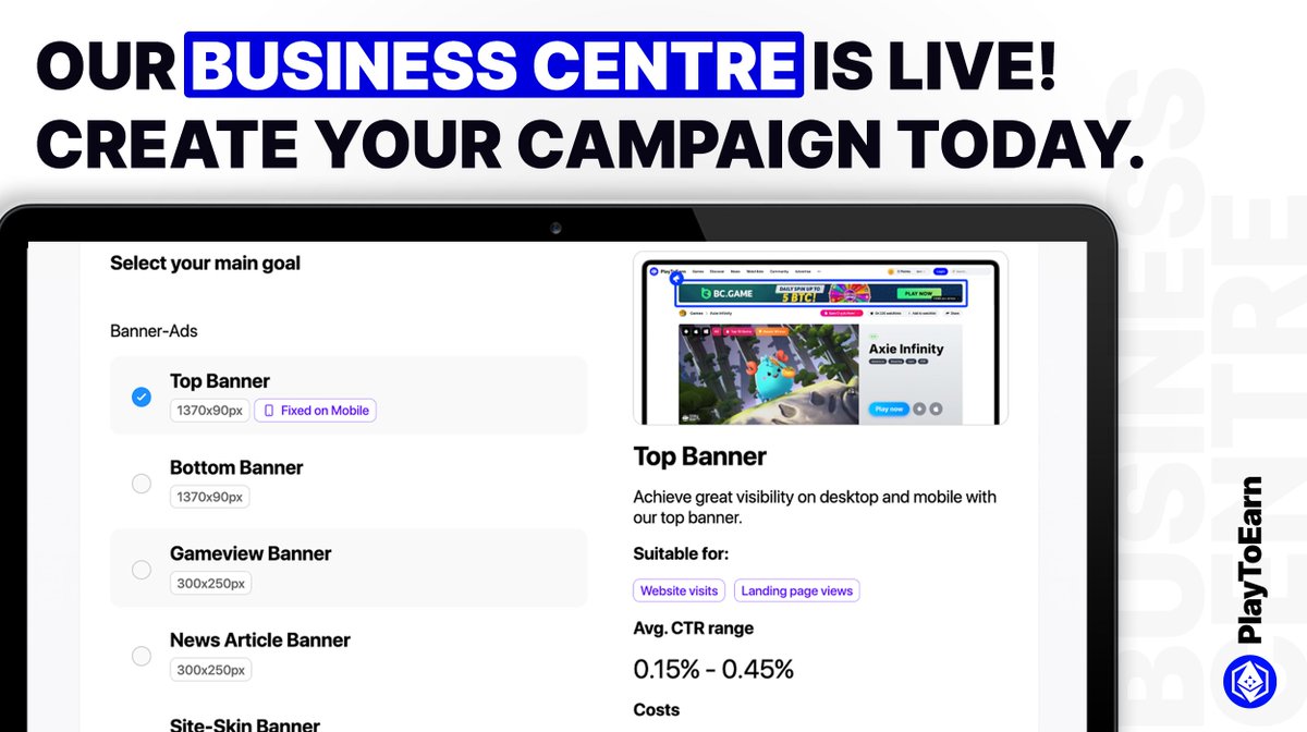 Unleash Your Project’s Potential with Our Game-Changing Business Centre!⚡️

Empowering you to create high-impact advertising campaigns in minutes

Supercharge growth &amp; be discovered by over 1 million web3 gamers using PlayToEarn 🎮

Get started today
👉business.playtoearn.com