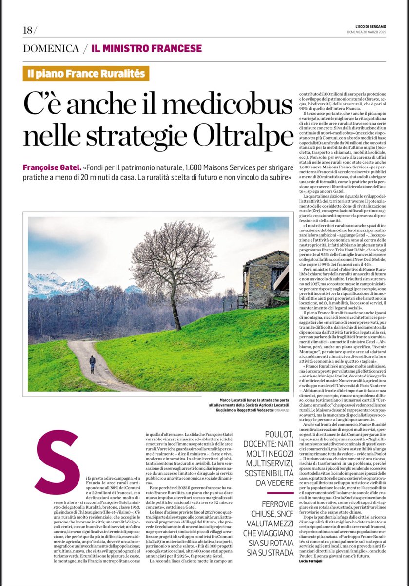 FrancoiseGatel's tweet image. En plus d’être moderne et innovante, la ruralité est inspirante pour nos voisins 🇪🇺
 
Quand l’@ecodibergamo s’interroge : « peut-on transposer le plan France ruralités ? » de l’autre côté des Alpes, je leur réponds « certo che sì » ! 🇮🇹

#FranceRuralités @gouvernementFR