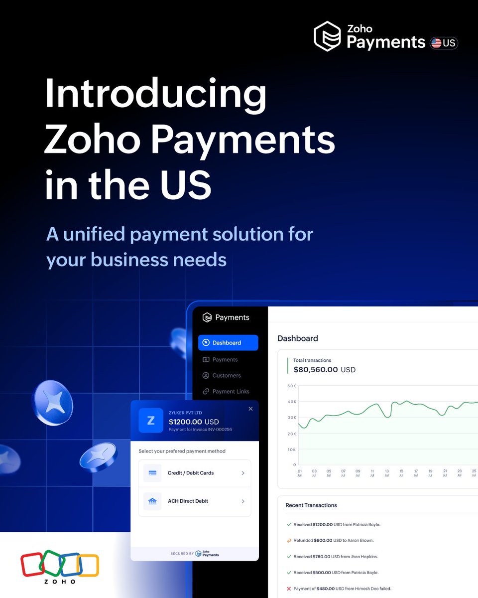 Say hello to Zoho Payments! Now live in the US 🇺🇸 — your unified solution for payments + business operations. 

You can now:
💳 Accept ACH &amp; card payments
🌍 135+ currencies (one-time &amp; recurring)
📊 Real-time tracking &amp; reconciliation

Learn more 👉 zoho.to/zpay