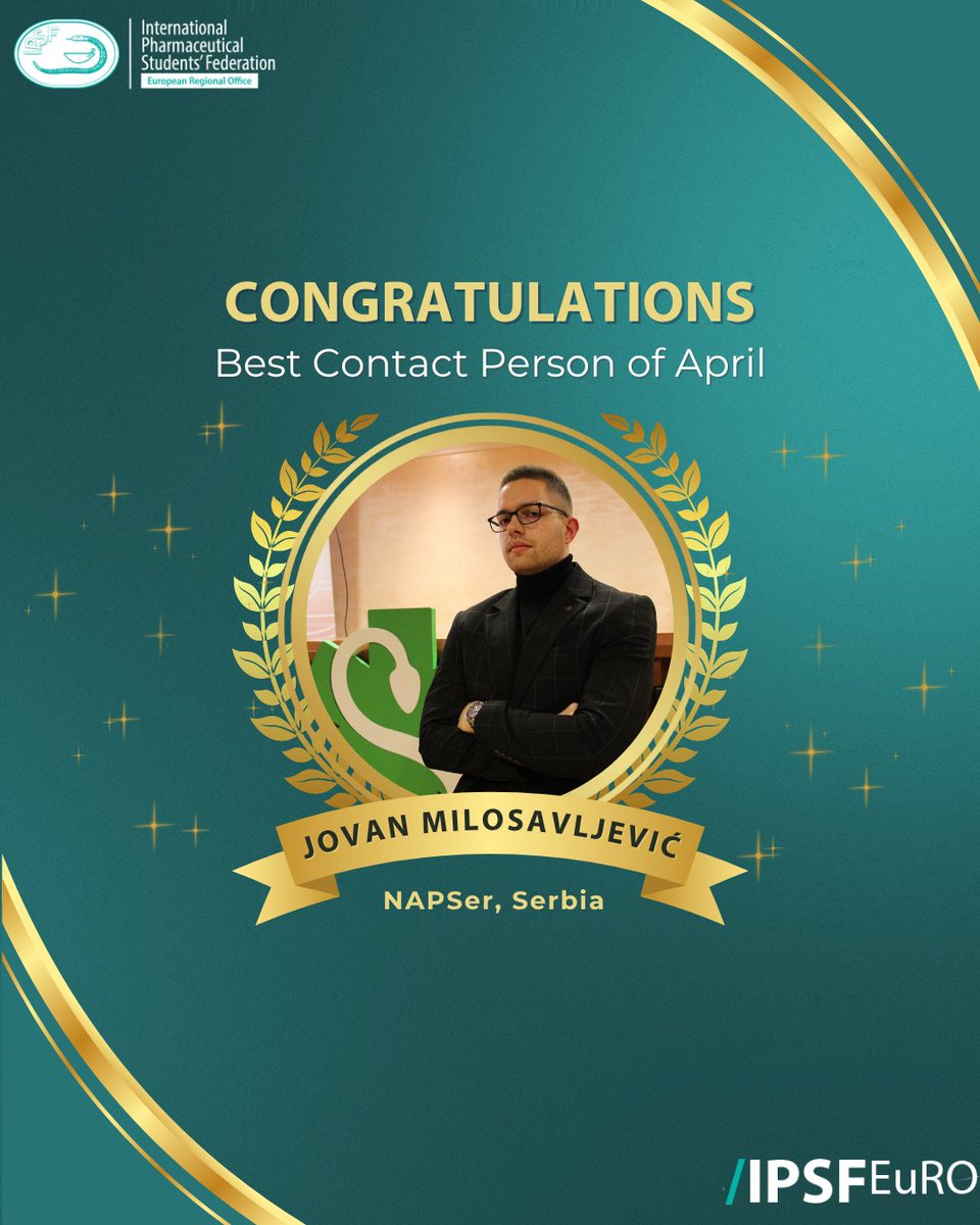 🎉 Congratulations to Best Cp of April! 🎉
We are thrilled to recognise Jovan Milosavljević! from NAPSer, Serbia, as our Best Contact Person of April! 🌟

#IPSFEuRO #BestCP #StudentExcellence #PharmacyStudents #EuROSpirit #TeamworkInAction