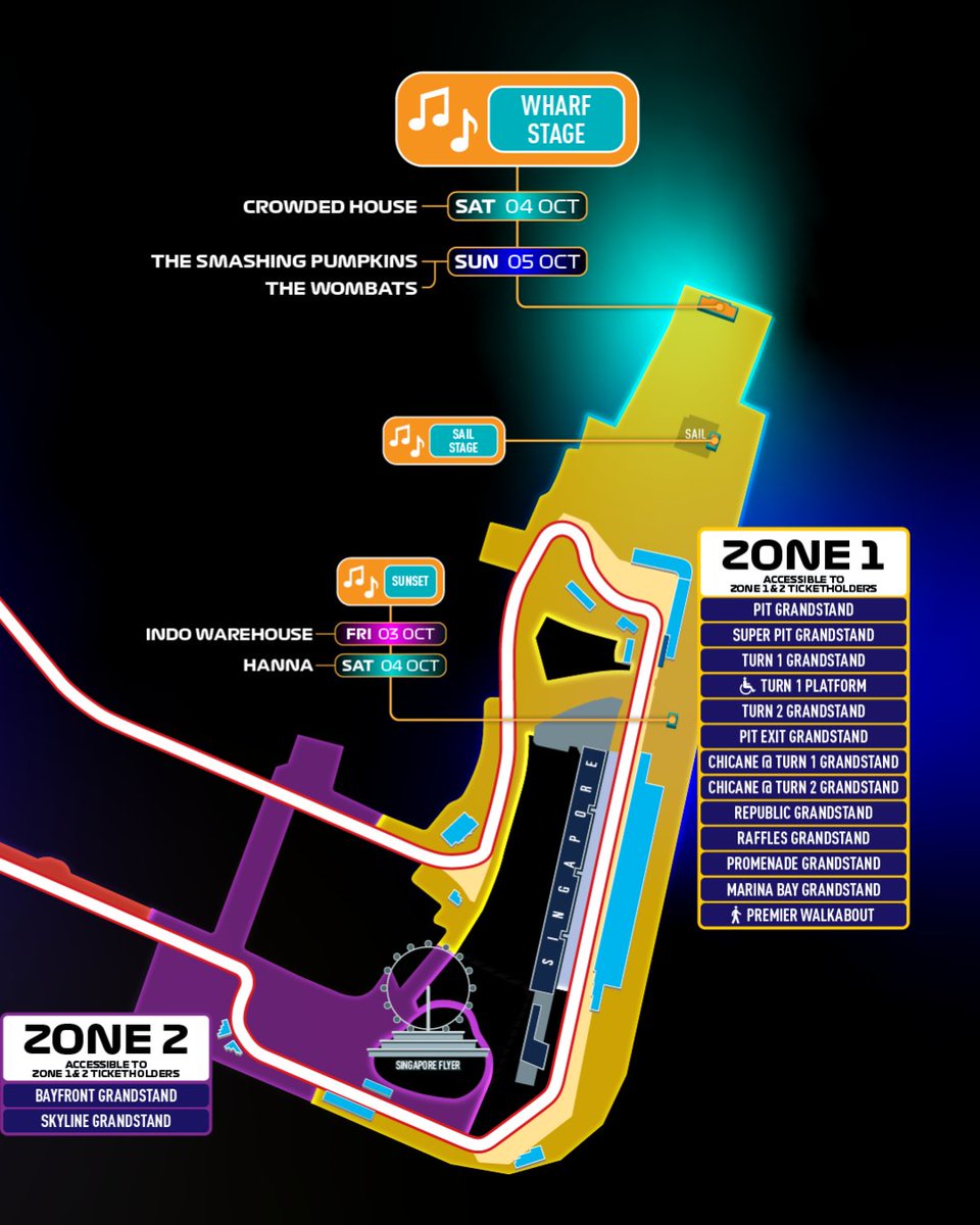 A handy guide to ensure you get the right ticket to catch your favourite artiste 🔍

All tickets provide access to the performances in Zone 4, including the Padang Stage and Downtown Stage. A Zone 1 ticket is required to access performances at the Wharf Stage and Sunset Stage.