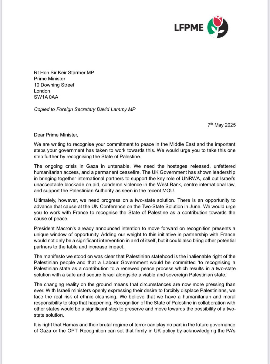 liambyrnemp's tweet photo. As the @UNReliefChief made clear yesterday, Israel is ‘deliberately and unashamedly imposing inhumane conditions on civilians in the Palestinian Occupied Territory’

We can stand by no more. I have written together with  75 Labour colleagues to the PM to insist we must recognise Palestine at the UN conference in June. 

Here’s the letter: