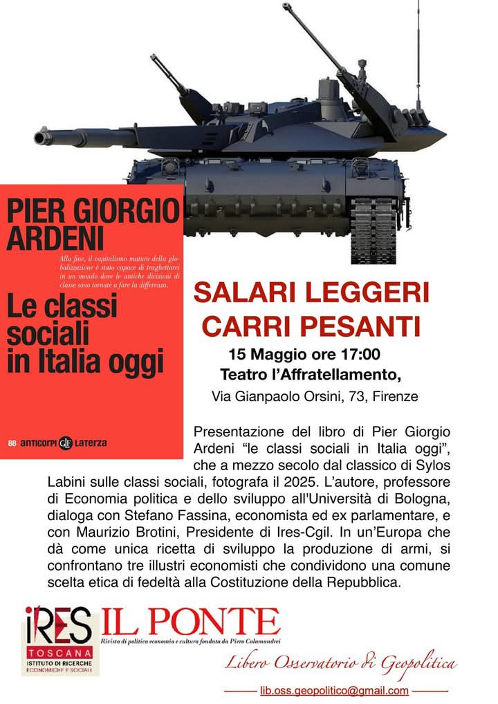 Stefano Fassina (@stefanofassina) on Twitter photo La guerra è la più feroce e incisiva arma di classe contro il lavoro, già mutilato di soggettività politica da 4 decenni di regolazione neo-liberista del capitalismo, quindi impoverito e precarizzato. Ne discutiamo a Firenze, a partire dall’interessantissimo libro di <a href="/PG_Ardeni/">Pier Giorgio Ardeni</a> La guerra è la più feroce e incisiva arma di classe contro il lavoro, già mutilato di soggettività politica da 4 decenni di regolazione neo-liberista del capitalismo, quindi impoverito e precarizzato. Ne discutiamo a Firenze, a partire dall’interessantissimo libro di <a href="/PG_Ardeni/">Pier Giorgio Ardeni</a>
