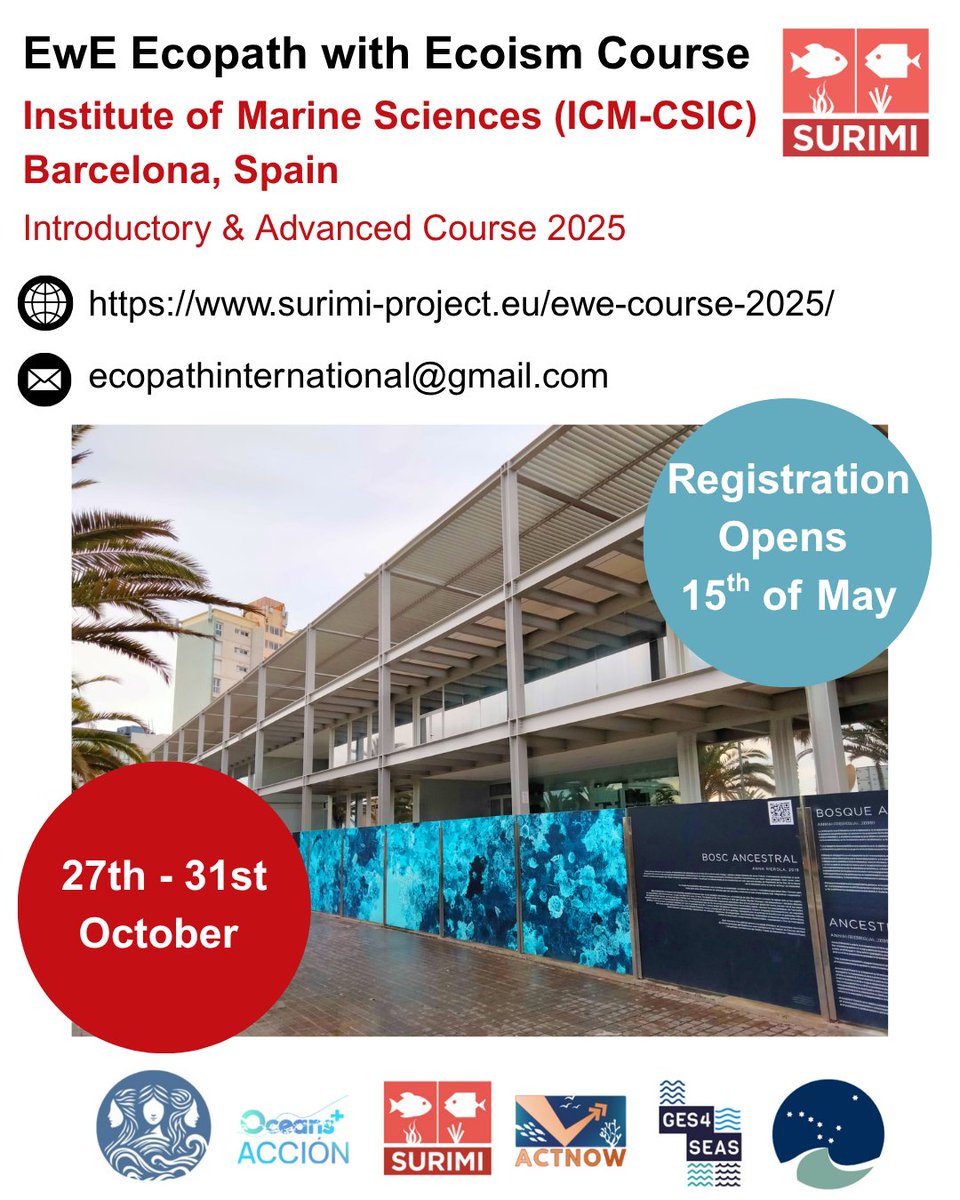 🌊 Join us in Barcelona for the Ecopath with Ecosim Course 2025!

Registration opens tomorrow 15th of May!

🧠 EwE training
📅 Oct 27–31 | 
🎯 For modelers, ecologists. marine pros &amp; more
🎓 Led by experts

🔗 sites.google.com/view/ewe-cours…

#EwE2025 #MarineScience #EcosystemModeling
