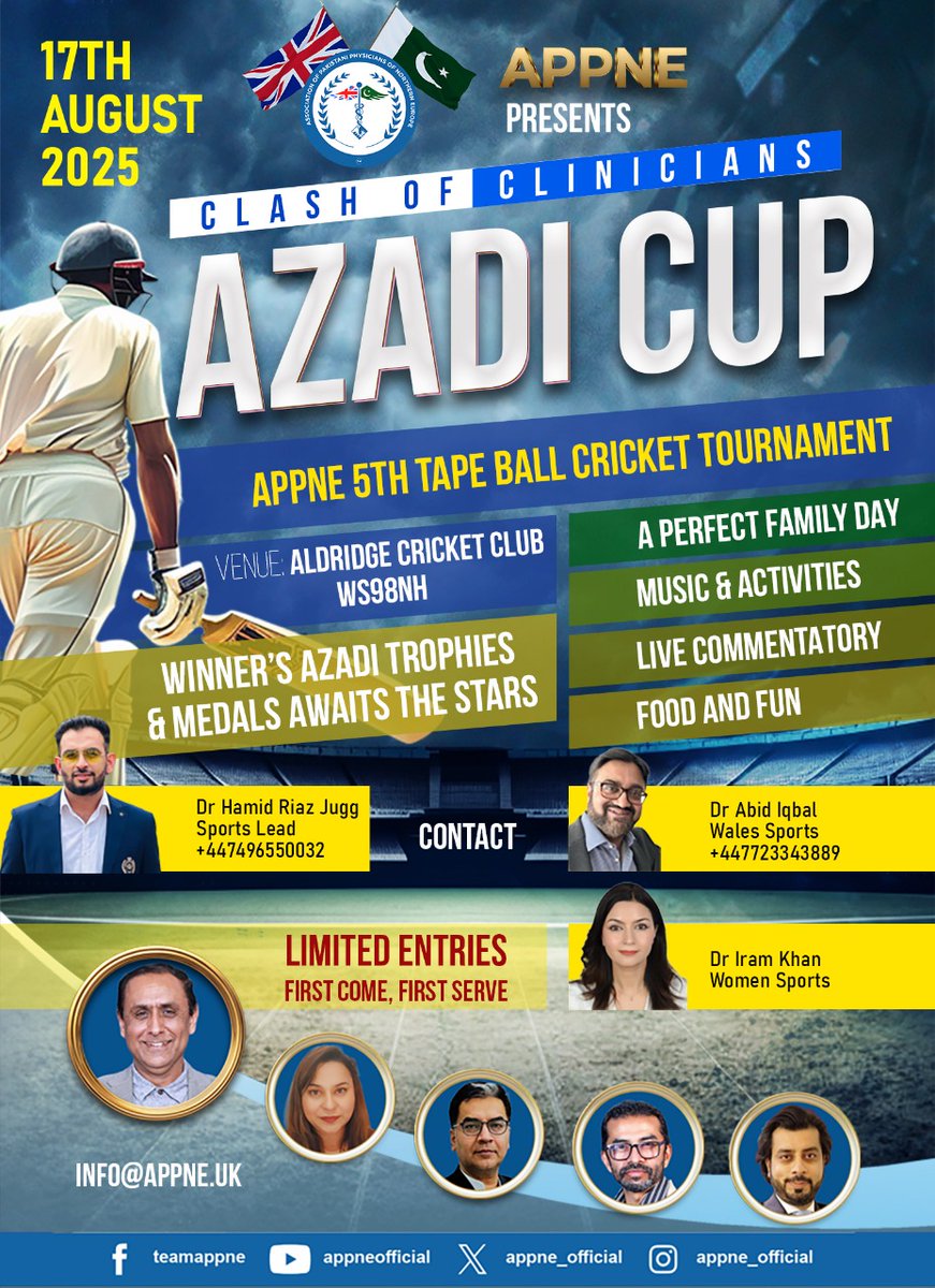 APPNE (@appne_official) on Twitter photo APPNE is excited to announce the much awaited electrifying tape ball cricket tournament.
Come and have a thrilling day out with your families. Watch the teams of clinicians clash. Come to support your team
Reserve a place for your team early. Spaces are limited!
<a href="/khinger10/">Dr Nadeem Sajjad Raja</a> APPNE is excited to announce the much awaited electrifying tape ball cricket tournament.
Come and have a thrilling day out with your families. Watch the teams of clinicians clash. Come to support your team
Reserve a place for your team early. Spaces are limited!
<a href="/khinger10/">Dr Nadeem Sajjad Raja</a>