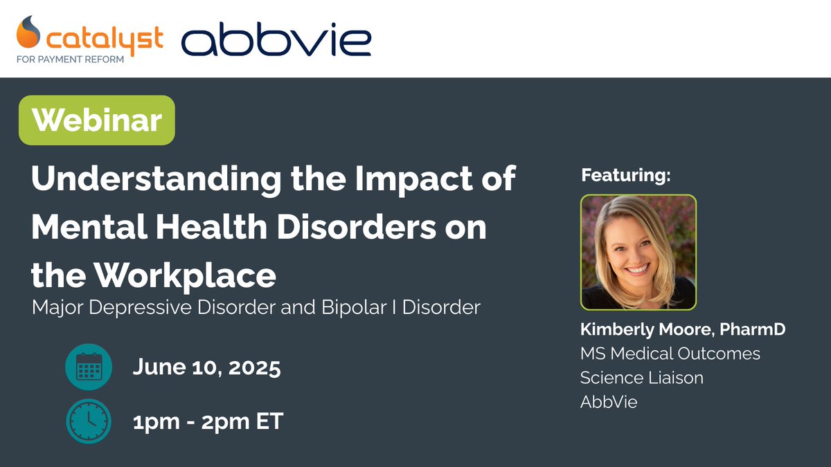 WEBINAR!! Join us on June 10 as Kimberly Moore, PharmD, MS from <a href="/abbvie/">AbbVie</a> dives into the vital topic of Major Depressive Disorder #MDD and Bipolar I Disorder #BP-I in the workplace. This session will explore their impact on productivity &amp; economic burden. 
ow.ly/8pUO50VS1fC