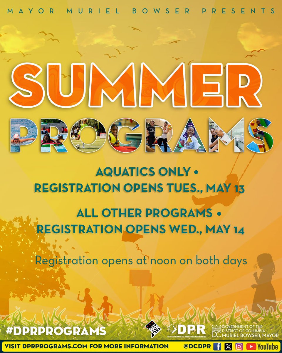 Mayor Muriel Bowser (@mayorbowser) on Twitter photo Right now: Registration is open for all <a href="/DCDPR/">DC Parks & Recreation #WhereFunHappens</a> summer programs! ☀️
Sign up to lock in a summer of new activities, friends, and skills. There are dozens of options available at rec centers all across the city.
Let's get ready for another fun summer!
➡️dprprograms.com Right now: Registration is open for all <a href="/DCDPR/">DC Parks & Recreation #WhereFunHappens</a> summer programs! ☀️
Sign up to lock in a summer of new activities, friends, and skills. There are dozens of options available at rec centers all across the city.
Let's get ready for another fun summer!
➡️dprprograms.com