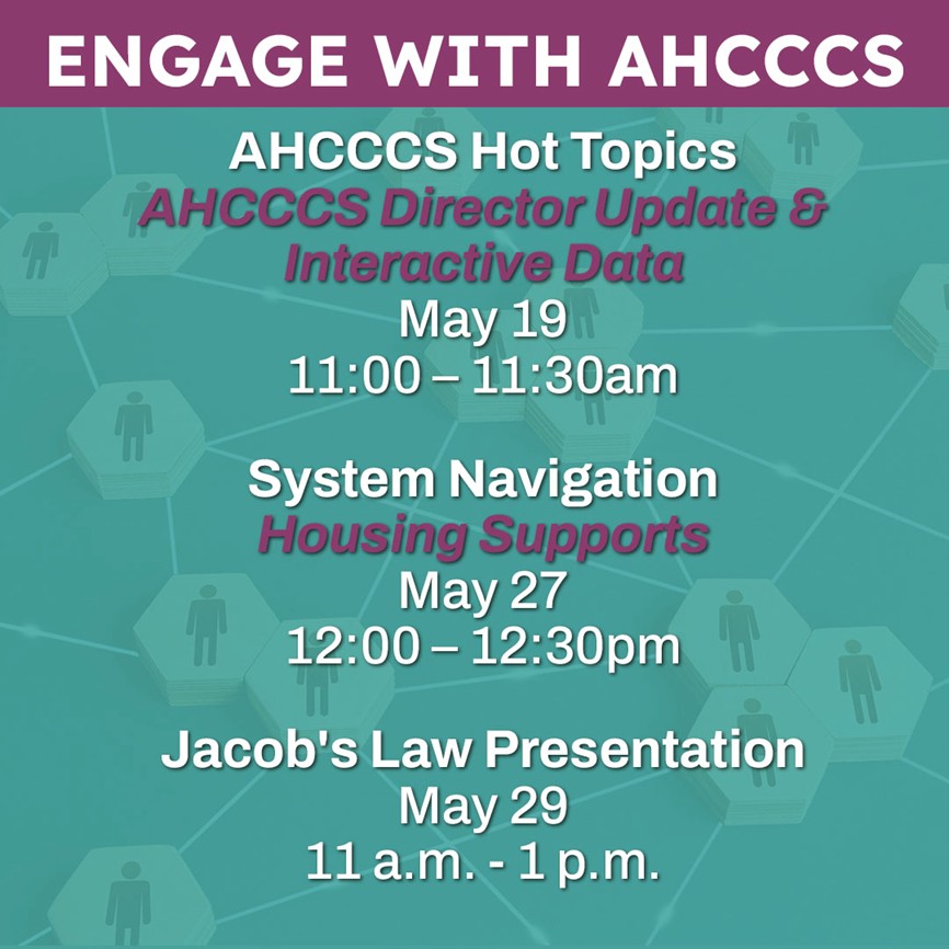 Get involved with #AHCCCS by joining our community forum and virtual trainings, hosted by the Office of Individual and Family Affairs!

Don’t wait—register now through the AHCCCS Calendar: azahcccs.gov/shared/AHCCCSc…