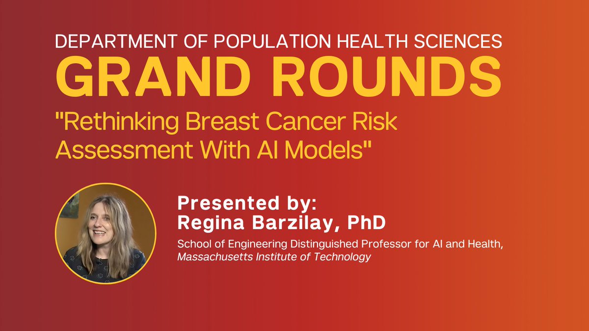 We’re excited to announce that Dr. Regina Barzilay (<a href="/AIHealthMIT/">MIT Jameel Clinic for AI & Health</a>, <a href="/MITEECS/">MIT EECS</a>, <a href="/MIT_CSAIL/">MIT CSAIL</a>) will be presenting at Grand Rounds next week! bit.ly/4deeo1M