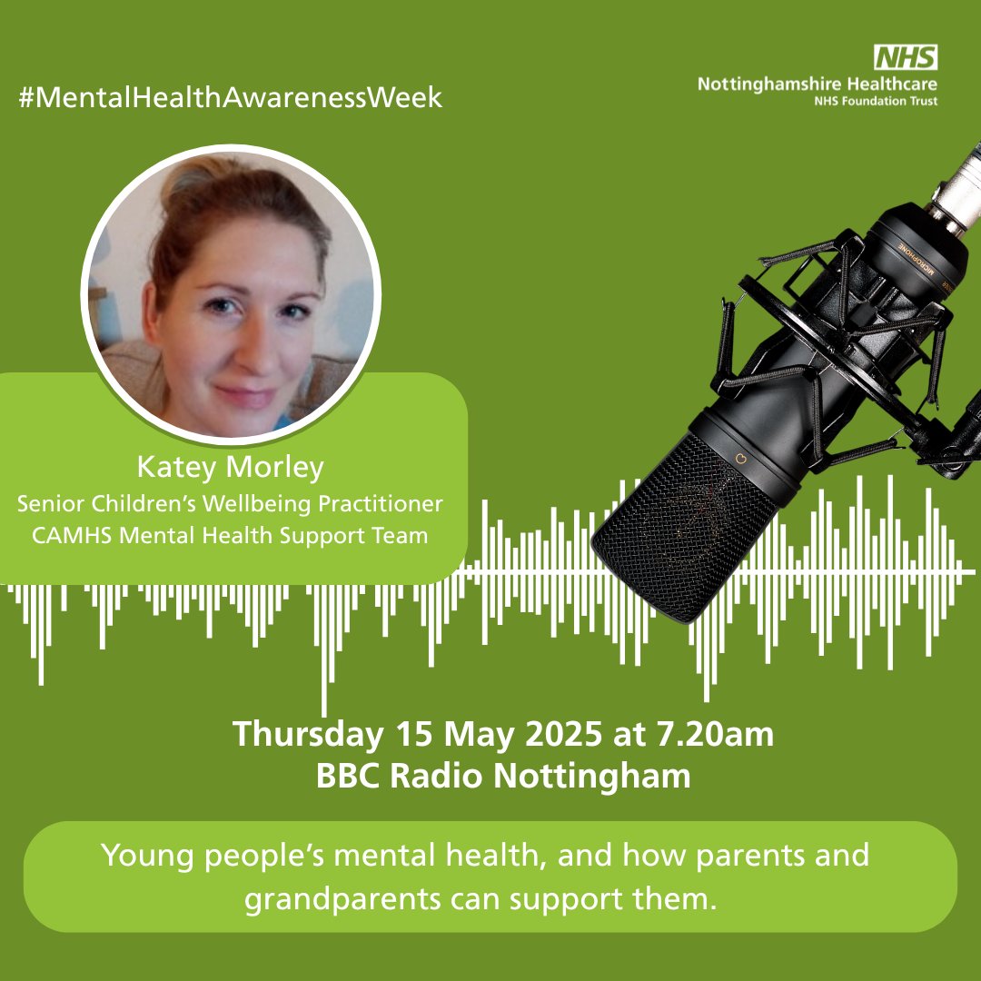 Nottinghamshire Healthcare (@nottshealthcare) on Twitter photo Tune in tomorrow <a href="/BBCNottingham/">BBC Nottingham</a> at 7.20am where Katey Morley, Senior Children’s Wellbeing Practitioner, CAMHS Mental Health Support Team, talks about young people’s mental health & how parents/grandparents can support them.
orlo.uk/X1hQZ
#MentalHealthAwarenessWeek Tune in tomorrow <a href="/BBCNottingham/">BBC Nottingham</a> at 7.20am where Katey Morley, Senior Children’s Wellbeing Practitioner, CAMHS Mental Health Support Team, talks about young people’s mental health & how parents/grandparents can support them.
orlo.uk/X1hQZ
#MentalHealthAwarenessWeek