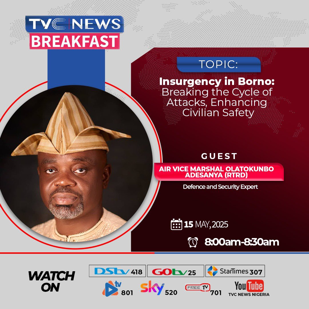 AVM_OA_Adesanya's tweet image. I have been invited to @tvcnewsng tomorrow morning from 8.00am to discuss Defence and Security issues. You may wish to tune in. Thank you all.