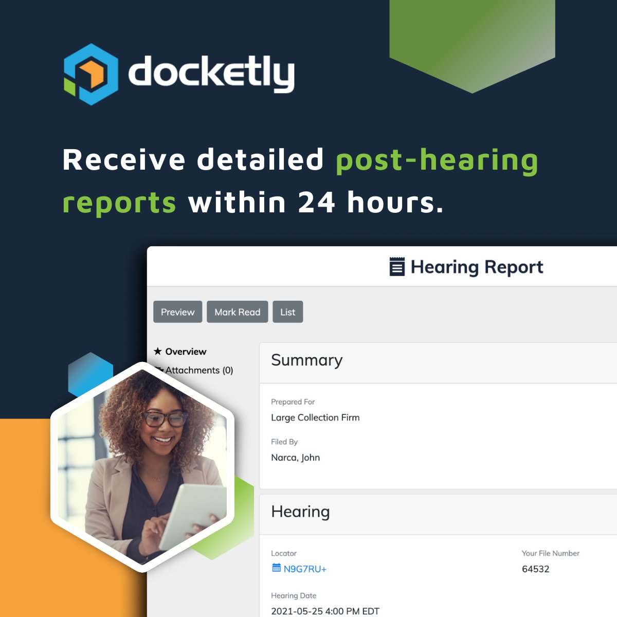 docketly's tweet image. No more waiting around for post-hearing reports. 
Stay in the know and get every detail you need in just 24 hours. 🕒  
Gain appearance coverage you can count on today. 👇  hubs.li/Q03bdqDW0
