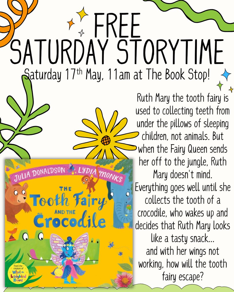 Join us at The Book Stop on Saturday 17th May at 11am for a free storytime reading of The Tooth Fairy and the Crocodile by Julia Donaldson and Lydia Monks!

#indiebookshop #whatsoninsthelens #childrensstorytime #juliadonaldson