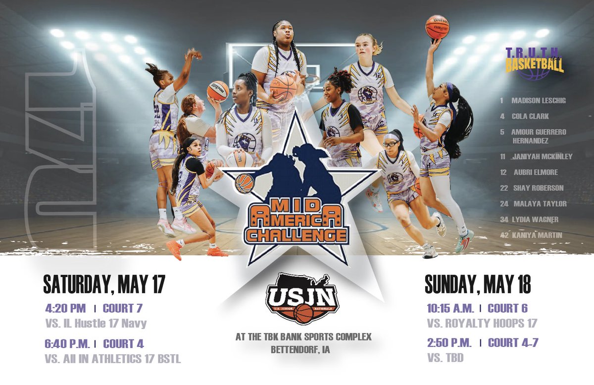 Truth Elite Basketball (@truthelitehoops) on Twitter photo Our 17U team is locked in & ready to compete <a href="/USJN/">USJN</a> Mid America Challenge (Bettendorf, IA)
Check out the 5 uncommitted 2026 Elite players!
⭐️ <a href="/ShayRoberson22/">Shalaya Roberson</a> CG 11.5 APPG
⭐️ <a href="/MalayaTaylor24/">Malaya Taylor</a> PG/SG 8.2 APPG
⭐️ <a href="/JaniyahMckinley/">Janiyah Mckinley</a> PF 8.9 APPG
⭐️ <a href="/Amourguerr2026/">Amour Guerrero Hernandez</a>
⭐️ <a href="/kaniyamartin26/">Kaniya</a> Our 17U team is locked in & ready to compete <a href="/USJN/">USJN</a> Mid America Challenge (Bettendorf, IA)
Check out the 5 uncommitted 2026 Elite players!
⭐️ <a href="/ShayRoberson22/">Shalaya Roberson</a> CG 11.5 APPG
⭐️ <a href="/MalayaTaylor24/">Malaya Taylor</a> PG/SG 8.2 APPG
⭐️ <a href="/JaniyahMckinley/">Janiyah Mckinley</a> PF 8.9 APPG
⭐️ <a href="/Amourguerr2026/">Amour Guerrero Hernandez</a>
⭐️ <a href="/kaniyamartin26/">Kaniya</a>