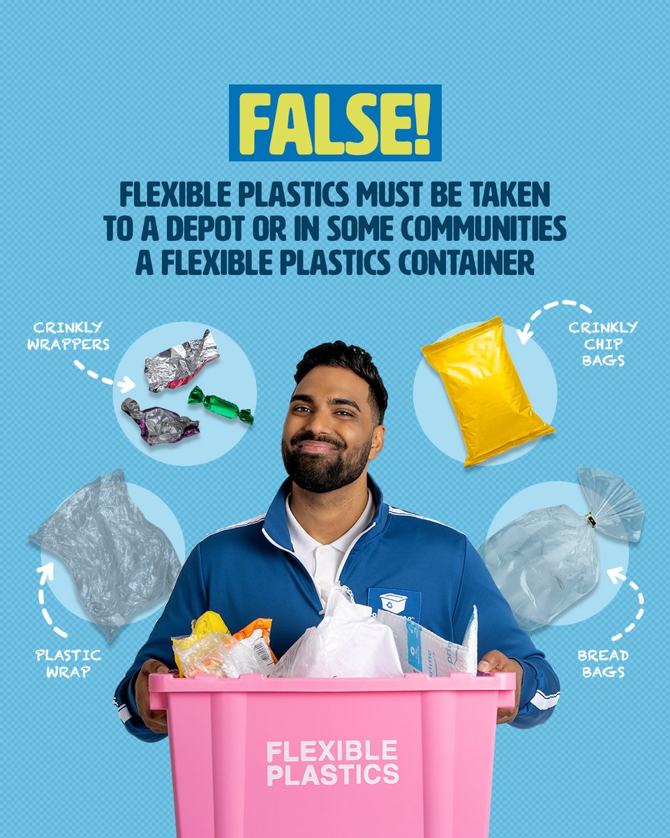 🧐 True or False? Flexible plastics like chip bags and zipper-lock pouches can go in your recycling. 🛍️🍬

❌ FALSE! These must be taken to a depot, or in some cities, a flexible plastics container—they don’t belong in your blue curbside bin. 

Learn more: RecycleBC.ca/FlexPlastics